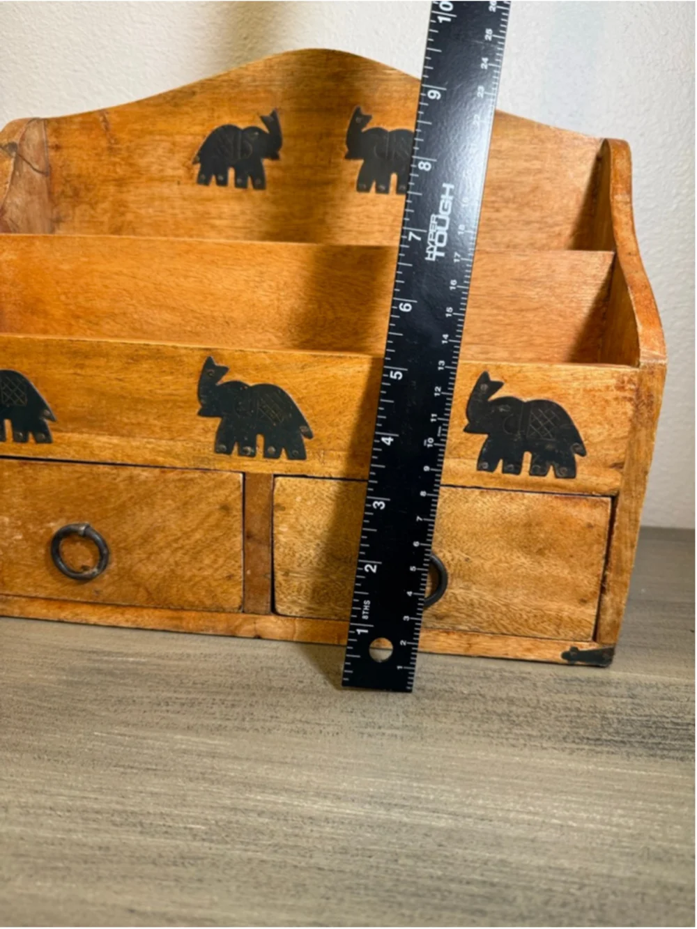 MCM East Asian/Indian bohemian style desk organizer metal elephants